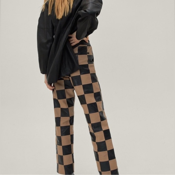 Nasty Gal Checkerboard High Waisted Genuine Leather Pants - Size 0 - Picture 2 of 12
